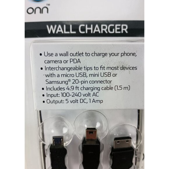 Onn Wall Charger 3 in 1 Micro Mini USB Samsung 20 Pin Connector Black - Picture 4 of 4
